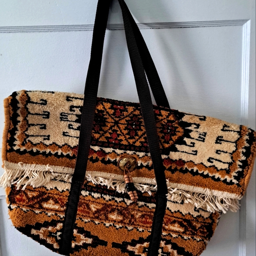 Vintage hand made fringed wool rug carpet bag